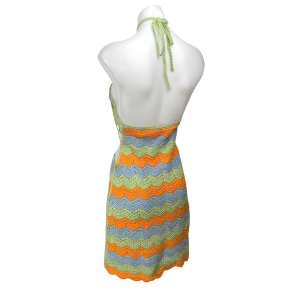 Zara Multicolor Halter Sleeveless Striped Crochet Knit Cutout Mini Dress Size S - Picture 2 of 5